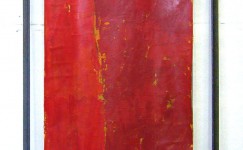 Colorfield schilderij van beeldend kunstenaar Hester van Dapperen: Rode banier, 200 x 50 cm