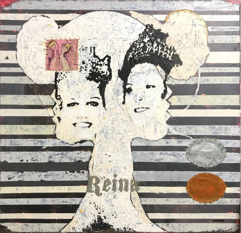 Reina, olieverf schilderij met borduur en pachwork. van Koningin Beatrix en Koningin Maxima van beeldend kunstenaar Hester van Dapperen