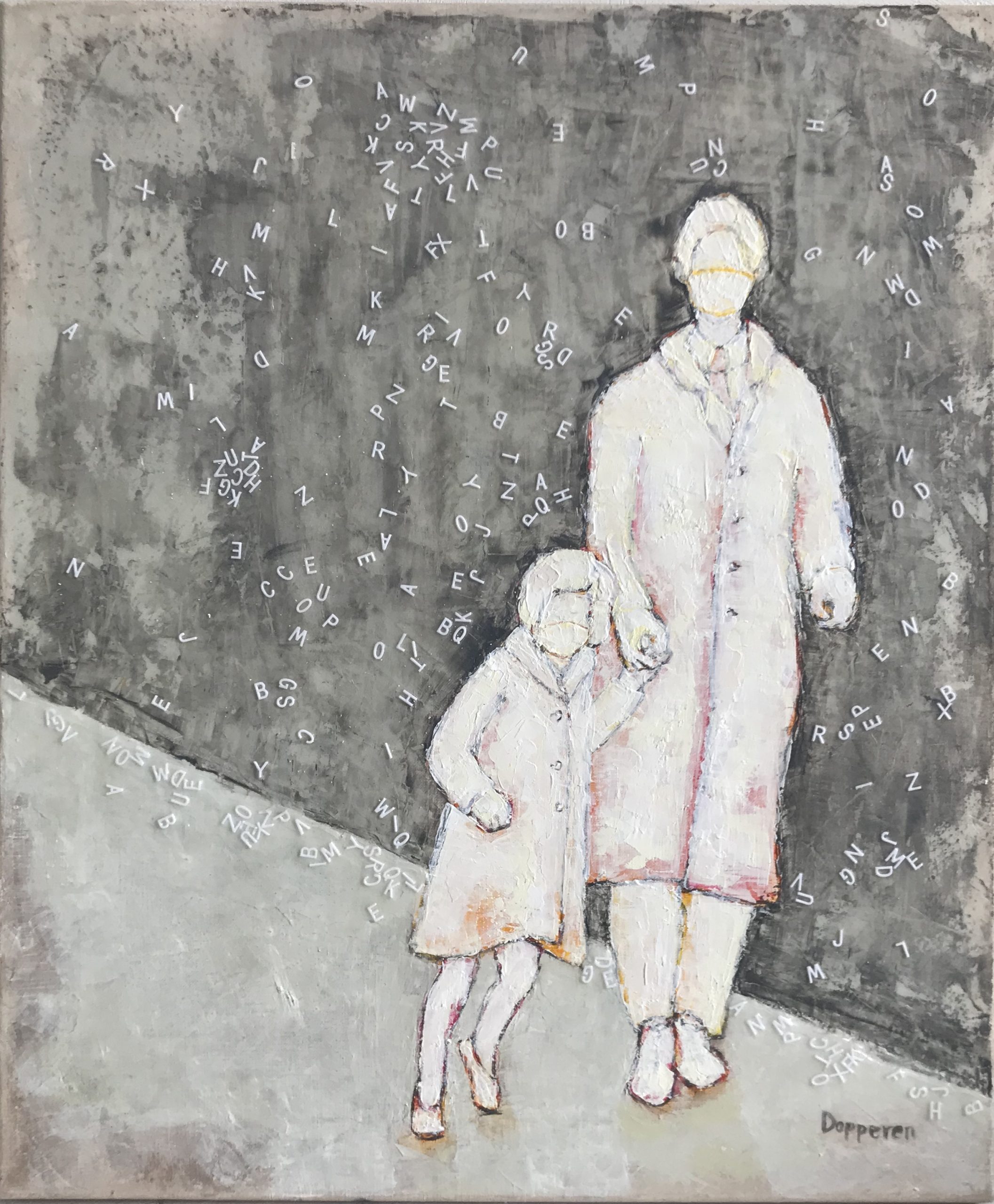 Foto van schilderij van een vader met dochter met mondkapjes voor de muur van de verboden stad