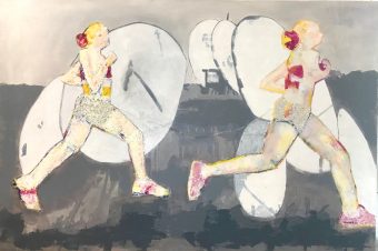 foto van schilderij met twee Marathonloopsters en zendschotels