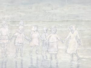 Collage schilderij 'badende meisjes in de mist'