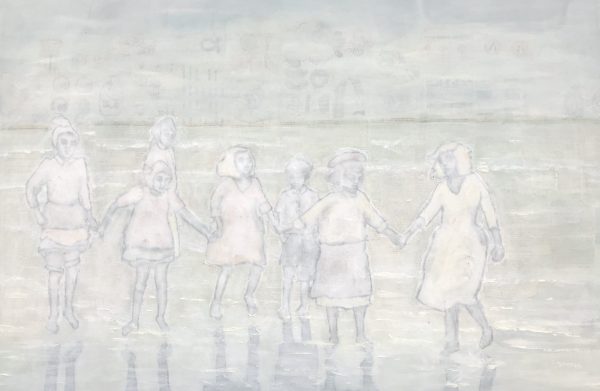 Collage schilderij 'badende meisjes in de mist'